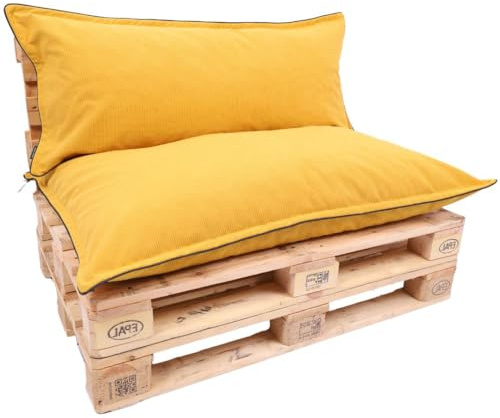 TexDeko® Cord Palettenkissen 120x80x18 cm 2-TLG Set, Gelb | Weicher Cordstoff, wasserabweisend, UV-beständig, waschbarer Bezug, Indoor & Outdoor Palettenpolster, 320 g/m² Stoffgewicht