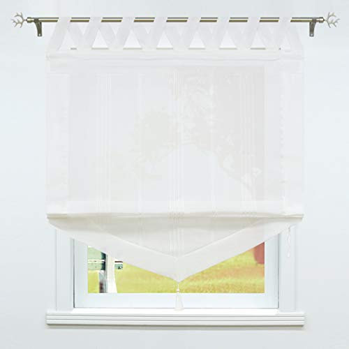 SCHOAL Raffrollo mit Schlaufen Gardinen Küche Landhaus Raffgardinen Leinen Schlaufenrollo Halbtransparent Vorhang 1 Stück BxH 45x140cm Weiß