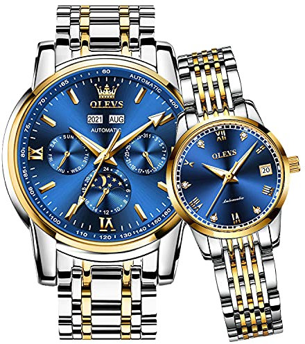 OLEVS Paar Armbanduhr Automatik für Männer und Frauen Sie und Ihn Uhren Set Geschenke Mechanische Selbstaufzug Tourbillon Big Face Dress Armbanduhr mit Tag Datum Kalender Zweifarbig, UhrenSet für