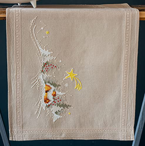 Vervaco Stickpackung Kreuzstich Set Vorgedruckt Tischläufer Winterlandschaft mitStern Stickdecken Vorgezeichnet DIY Basteln Kreativ Stickläufer zum Selbersticken 40 x 100 cm Stickset