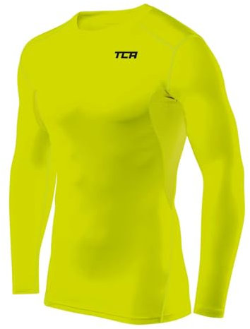 TCA Men's HyperFusion Compression Base Layer Top Long Sleeve Under Shirt - Crew Neck - Lime Punch, M