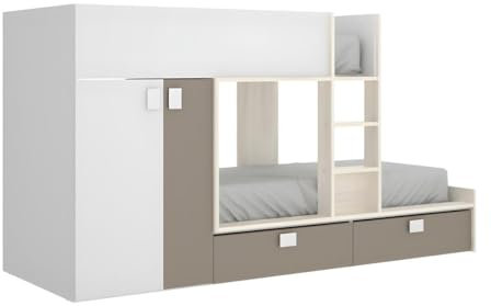 Rimobel Etagenbett mit Kleiderschrank - 2X 90 x 190 cm - Weiß, Naturfarben & Taupe - JUANITO