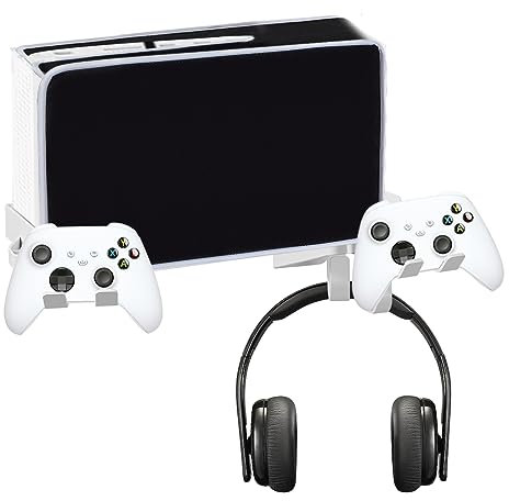 Wall Mount Holder Bundle with Dust Cover Kits for XBOX Series S, Double Controller Bracket with Charging Hole & Earphone Wall Mount, Space Saving Design with Charging Cable