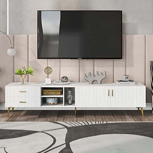 BTM TV-Schrank, Lowboard, Fernsehschrank für Fernseher bis zu 75 Zoll, 180 cm lang, Fernsehtisch, für Wohnzimmer, Industrie-Design, weiß