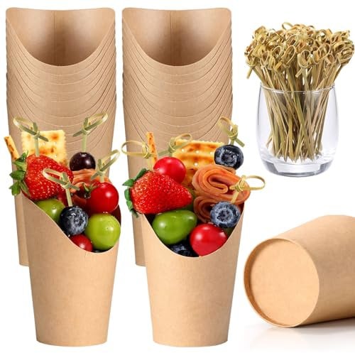 12Oz Charcuterie Cup Set, 24 Pcs Cups with 100 Pcs Coctail Picks, French Fry Holder and Bamboo Knot Skewers, Handheld Party Appetizer Kit, Disposable Kraft Paper Snack Box Container, Take Out Cones