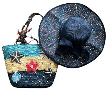 Ensemble sacs de paille et chapeaux assortis, bleu, taille unique