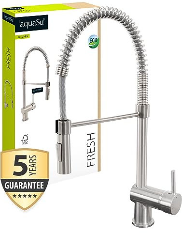 'aquaSu® Küchenarmatur mit Federbrause Fresh, Kosten-sparende Kaltwassermittelstellung, Wasserspar-Kartusche, Keramikkartusche, Schaftbefestigung, Messingkern, edelstahl, 796040