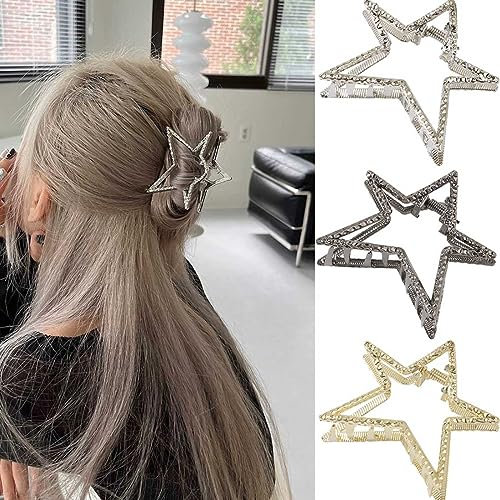 SINLOV Lot de 3 pinces à cheveux vintage en métal avec étoile - Antidérapantes - Grandes barrettes à cheveux fines et épaisses - Pour femme