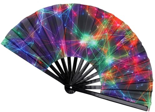Pzoslly Bamboo Large Dance Rave Fan Nylon-Cloth Fan for Concert, Party, Home Decoration