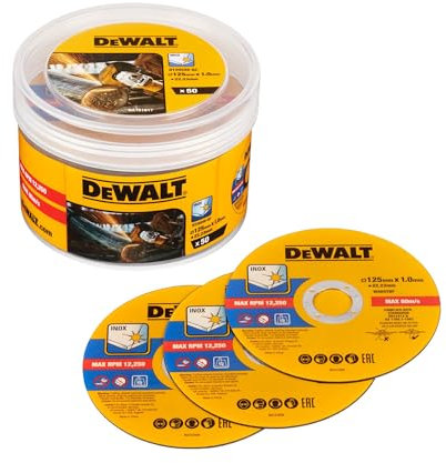 Dewalt Disco da taglio in acciaio inox DT20598-QZ (diametro 125 mm x 1,0 mm, per tagli veloci e puliti, per smerigliatrice angolare), 50 pezzi in secchio