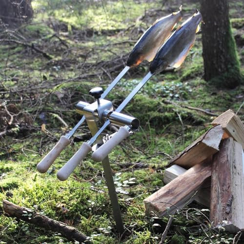 Premium Steckerlfisch Halter für Lagerfeuer - Platz für 2 Fische - Fisch Grill Spießhalter für offene Feuerstellen - stufenlos verstellbar - Fischhalter 100% Edelstahl - Asado Grill
