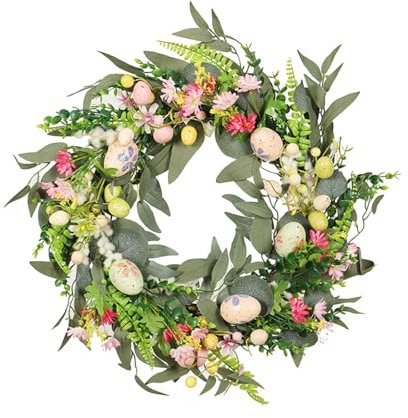 Fenteer 45cm Osterei-Kranz, Künstliche Blumen-Requisiten, Eukalyptusblätter, Osterdekorationen für Zuhause, Party, Feier, Festival