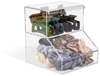 Inevibe Hair Tie Holder & Bows Organizer - 2 Compartment Acrylic Container w/Lids for Storing Bracelets, Headbands, Claw Clips & Accessories for Bathroom & Countertop Display