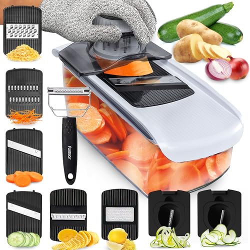 Fullstar Cortador de mandolina para cocina, cortador de pepino, rallador de queso y cortador de verduras para cocinar, organizador de utensilios de cocina y guante de seguridad incluidos (9 en 1,