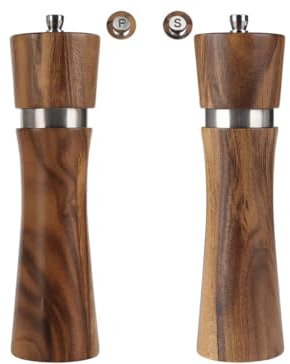 Generic Wooden Salt and Pepper Grinders, Shakers Set, 8 Inches, Set of 2, Acacia Wood and Aluminium with Ceramic Core, Cleaning Brush and Spoon., Sp1609999
