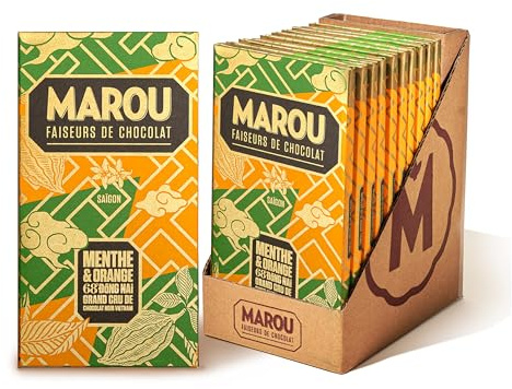 MAROU - Tablette Chocolat Noir 68% Menthe & Orange - Grand Cru Dong Nai - 80 g - Sans Lécithine, Sans Gluten - Origine Vietnam (Boîte de 10)