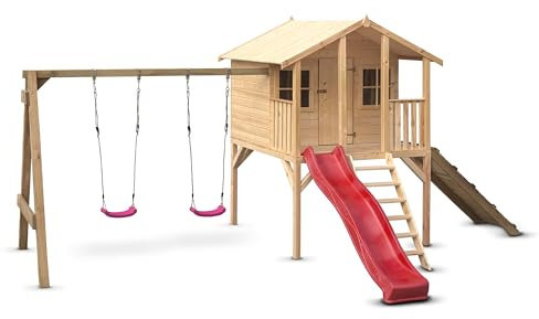 Wood&Play Borys Maison de Jeu pour Enfants - Bricolage Facile à Assembler - Construction Robuste et Durable - Bois - Matériau Inoffensif et renouvelable - 425x300cm + Toboggan, balançoire et Rampe