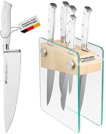 GROSSMAN Mirabel Messerblock 5-teilig – Küchenmesser Set mit weißen Griffen – deutsche Edelstahlklingen – Messerhalter in Beige – rutschfest & praktisch