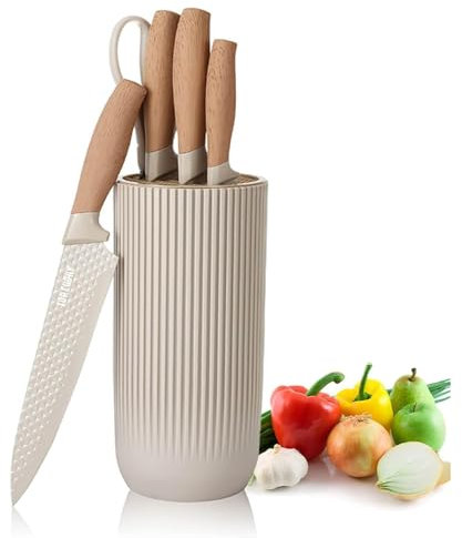 Messerset mit Messerblock Set, Rund 6-teilig Profi Küchenmesser Set, Super Sharp Messer Set mit Schere und Ergonomischer Griff, Non-Stick Edelstahl Messer Block Set Für Home Restaurant RV (Khaki)