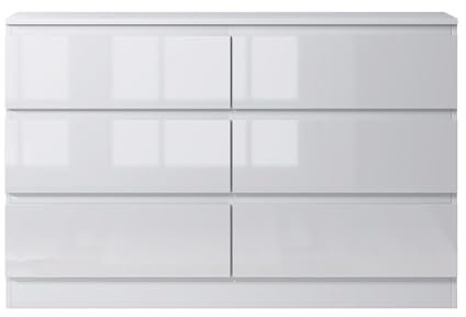 FWStyle White Gloss 6 Drawer Chest. Modern Bedroom Furniture Chest of Drawers. Matt White with White Gloss Drawer Fronts. W110 x H77 x D40cm