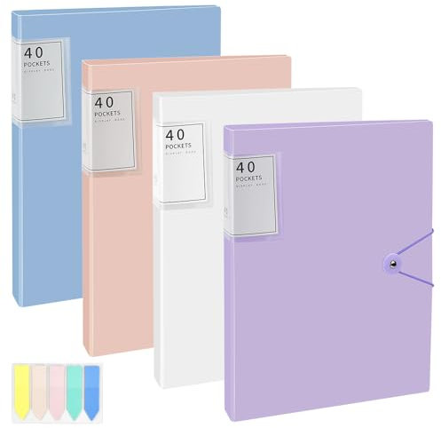 KARBAG A4 Display Folders, 4 Pack 40 Pockets Display Book Document Clear Folders with Plastic Sleeves & Safety Rope, Presentation Folders Document Project Folder for School & Offices(4 Colors)