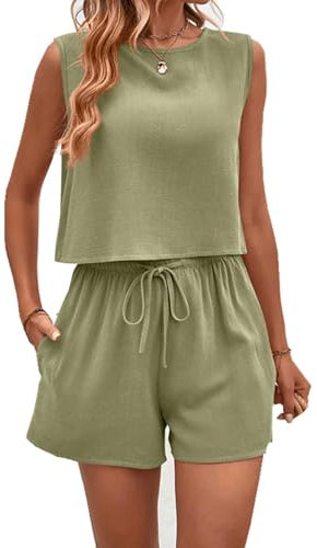 YOMORIO Damen Zweiteiler Sommer Hosenanzug Damen Jogginganzug Set Elegant Outfits Kleidung 2 Teiler Set Crop Tank Top und Shorts Aesthetic Clothes Workout Sport Anzug Grün L