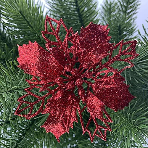 Anevous 12 Stück Glitzer Weihnachten Blumen, Weihnachtsstern Künstliche Blumen, Deko Blumen Weihnachten Weihnachtsblumen Deko für Weihnachtsbaum, Ornamente, Hochzeit, 9cm,Rot