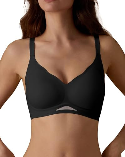 SHARICCA Damen BH Ohne Bügel Bequemer Nahtloser BHS T-Shirts Push Up V-Ausschnitt Weicher Gepolstert Bustier Seamless Bra mit Verstellbaren Trägern(Schwarz-1P01-L)
