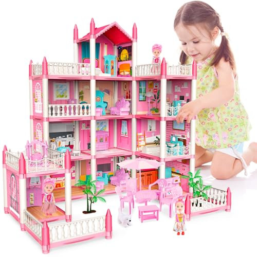deAO Doll Casa Delle Bambole - Casa Dei Sogni di Barbie per Bambini 4 Piani 14 Camere Gioco Case delle DIY Bambole Set di Finzione Giocattoli Mobili e Accessori Perfetti Giocattoli per Bambini