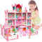 deAO Puppenhaus für Mädchen, Dollhouse Traumhaus Kleinkinder Haus 4 Puppen Möbel Zubehör Traumhaus Spielhaus Spielraum Puppen Spielzeug für Kinder ab 3 Jahren