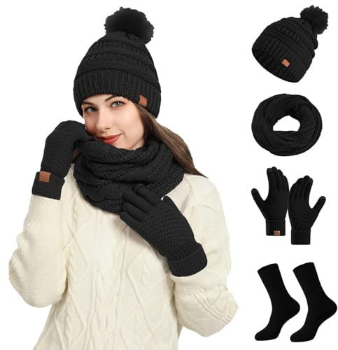 Hat Scarf and Gloves Set Ladies, Winter Beanie 3 In1 Cable Knitted Hat Fleece Neck Warmer Touchscreen Gloves Set Fleece Lined Warm Thermal Outdoor Sports Sking (Black, One Size)