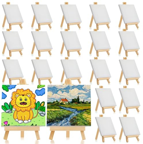 20 Pcs Mini Canvas and Easel Set, Mini Wooden Artist Tripod with Art Canvas for Party Drawing, Oil Painting, Tabletop Art and Handicrafts, 10 x 10 cm