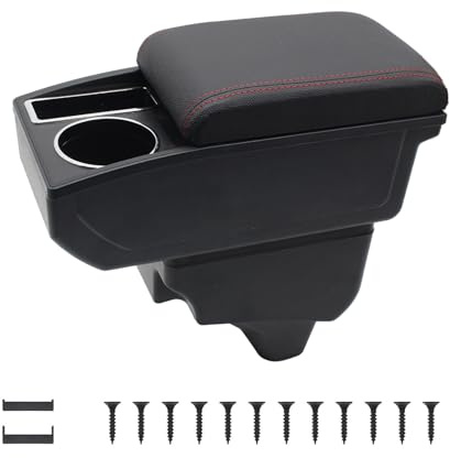 KAERGK Accoudoir Voiture pour Peugeot 208 2019-2021 | Espace de Stockage à Deux Niveaux, Porte-boissons, Montage Facile, Accoudoir de Voiture Réglable, Cuir PU, Ligne Rouge