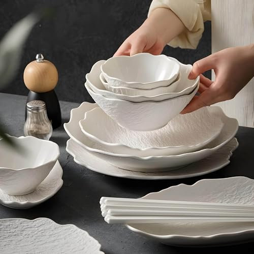 Set Piatti 40 Pezzi per 8 Persone - Servizio di Stoviglie Moderno in Stile Semplice, Modello in Pietra Giapponese, Piatti Bianchi E Neri Eleganti (40 Pieces Mixed)