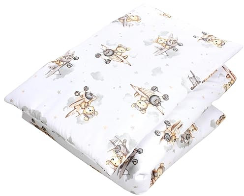 TupTam Kinder Gemusterte Bettdecken Set Ganzjahresdecke Bettdecke Kopfkissen Flachkissen 2tlg., Farbe: Bärchen im Flugzeug/Weiß/Beige, Größe: 135x100 cm