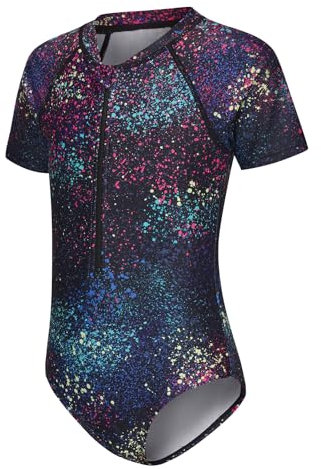 Aisyee Girls Short Sleeve Swimsuit Kids Swim Top One Piece Rash Vest Girls Swimming Costume 7-8 Years
