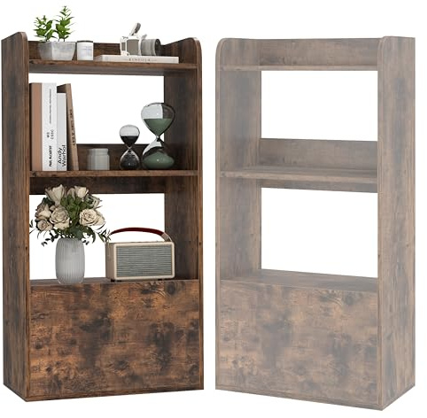 HOMASIS Libreria a 3 Ripiani con Cassetto, Scaffale in Legno Aperto, Armadietto da Terra per Documenti, Portaoggetti con Anti-Ribaltamento per Soggiorno, Ufficio, Cucina, 55 x 29 x 105 cm (Marrone)