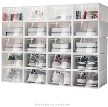 Akuoyiexemye 20 Stücke Schuhboxen Stapelbar, Transparent Aufbewahrungsbox mit Deckel Plastik Schuhschachteln Erweiterbares Stehregal für Sportschuhe Stiefel Aufbewahrung, Rundes Loch