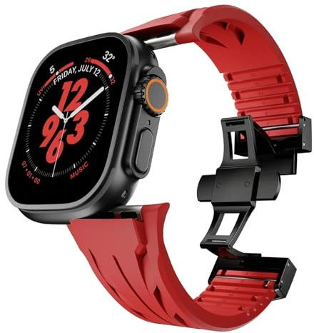 NIBYQ Correa de caucho fluorado para Apple Watch Ultra 2 49mm S10 46MM 45mm 44MM 42mm Correa para Iwatch Series 6 5 4 Se 9 8 7 Correas de reloj de pulsera de caucho fluorado ultracortadas(Black red,S1