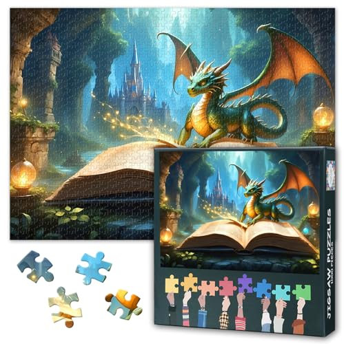 Fantasy-Buch Puzzle 1000 Teile - Farbenprächtig Dinosaurier & Magische Kreaturen, 50x70 cm Detailreiches Sammlerstück für Erwachsene Kunstpuzzle Sammlung