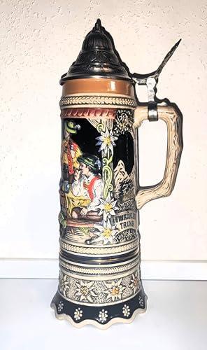 Rahm Chope à bière avec couvercle en étain/chope en pierre/chope de chasse/hauteur : env. 30 cm