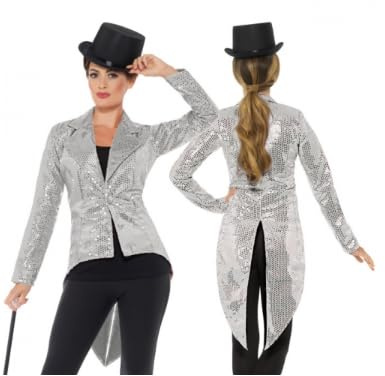 Party Factory Pailletten Frack für Damen, in Silber, Größe M, Paillettenfrack für Party, Shows oder Karneval, Glamouröses Party-Outfit für besondere Anlässe