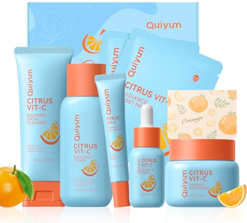 QUIYUM Gesichtspflege Set, 7-teiliges Hautpflege Geschenkset für Teenager | Citrus Vitamin C Skincare Kit für junge Frauen mit Serum & Gesichtscreme – Feuchtigkeitsspendend, glättend & mattierend