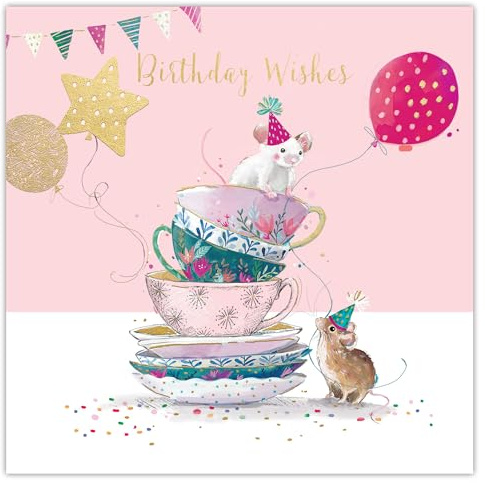 Ling Design Birthday Card for Women - Cute Mice, Teacups & Balloons - Gold Foil Finish - Premium Greeting Card with Envelope