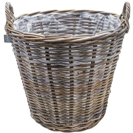 Spetebo XXL Rattan Pflanzkorb Natur mit Folie für Innen und Außen - 55 x 45 cm - Pflanzkübel groß rund geflochten mit Henkeln - Garten Deko Blumenkorb Blumenkübel Blumentopf Pflanztopf Weidenkorb