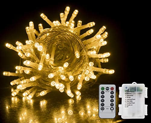 GHJ 50/100/200 LED Battery Operated Remote Control Rainproof String Fairy Lights Indoor/Outdoor for Christmas Tree Xmas Garden Party (50LEDs, Warm White)