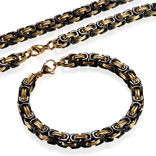 Flongo 2 Stück Herrenkette Armband Set, Edelstahl Halskette Armkette Armreif Kette Königskette Schwarz Silber Gold Golden Herrschsüchtig Biker Punk Rock Herren Männer Accessoires