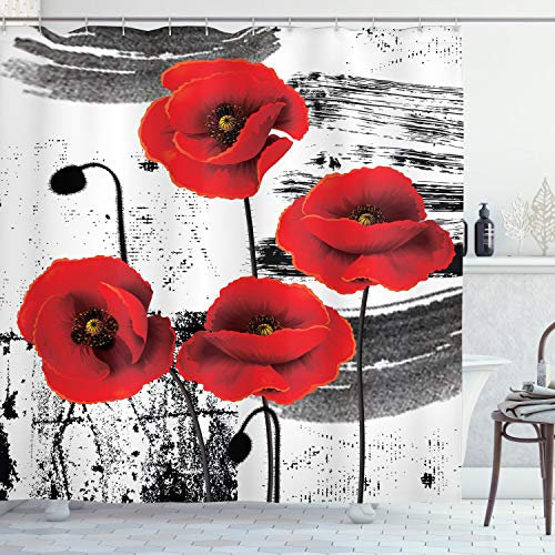 ABAKUHAUS Mohn Duschvorhang, Grunge Pinsel Blumen, Stoffliches Gewebe Badezimmerdekorationsset mit Haken, 175 x 240 cm, Vermilion Grau