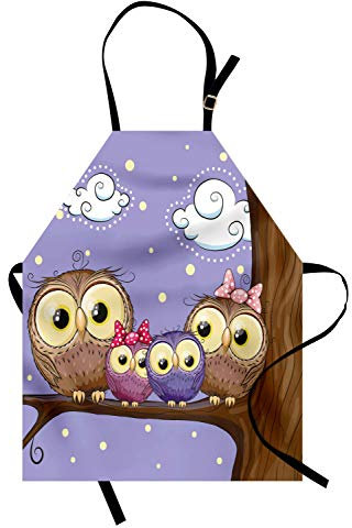 ABAKUHAUS Vogel Kochschürze, Karikatur-Art-Eulen-Familie, Unisex-Küchenlätzchen mit verstellbarem Hals für Kochen Gartenarbeit, 67 cm x 80cm, Lavendel und Brown