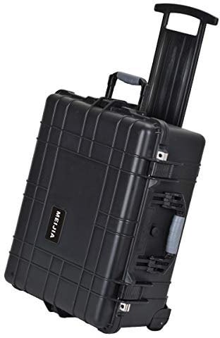 MEIJIA Waterproof Protection Hard Compact Camera Case with Retractable Pull Handle and Rolling Wheels,Foam Inserted, Elegant Black, 24.64 X19.39 X13.78 inches